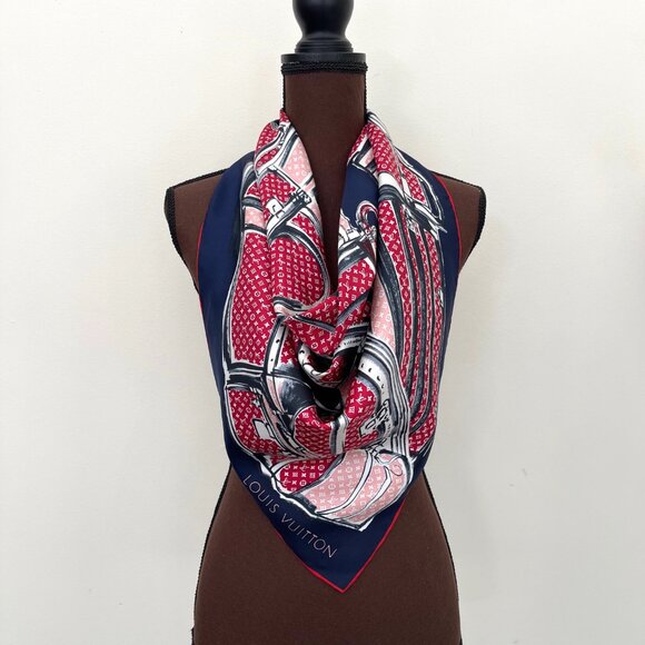 Louis Vuitton Scarf Trunks Luggage Monogram Blue Red Silk Wrap - Picture 11 of 15